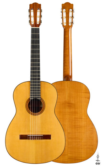 Front and back of a 1968 Pietro Gallinotti classical guitar, spruce and cherry