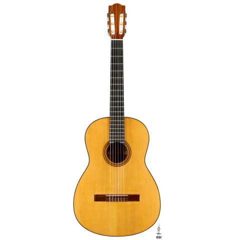 The front of a 1968 Pietro Gallinotti classical guitar made of spruce and cherry