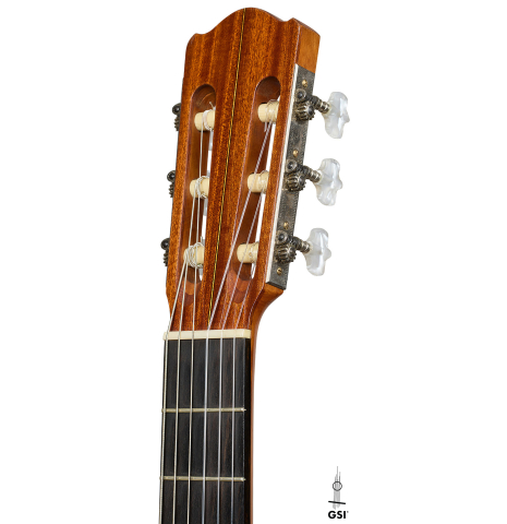 The headstock of a 1968 Pietro Gallinotti classical guitar made of spruce and cherry