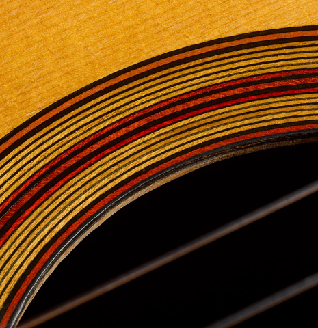 Detailed close-up of the rosette of a 1968 Pietro Gallinotti classical guitar made of spruce and cherry