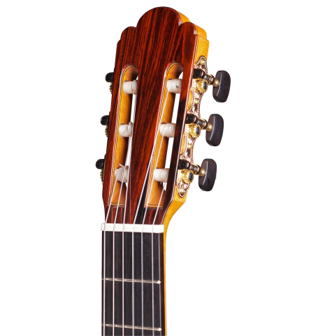 The headstock and machine heads of a 2014 Francisco Navarro Garcia &quot;Hauser&quot; classical guitar made with spruce and cocobolo on a white background