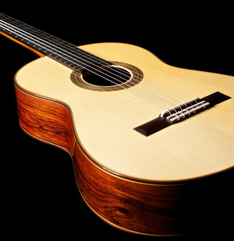 The front and side of a 2014 Francisco Navarro Garcia "Hauser" classical guitar made with spruce and cocobolo