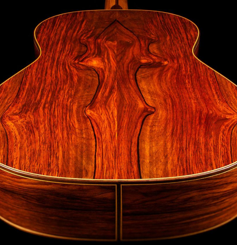 The cocobolo back of a 2014 Francisco Navarro Garcia "Hauser" classical guitar
