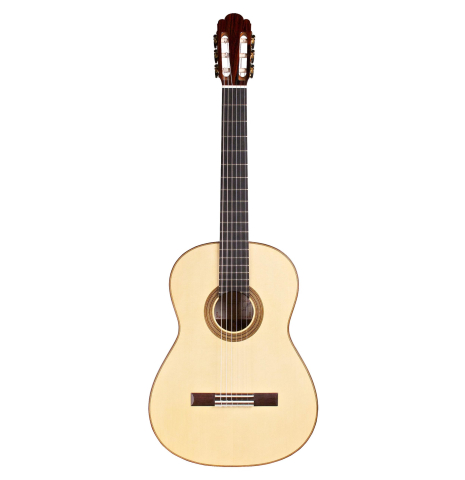 The front of a 2014 Francisco Navarro Garcia &quot;Hauser&quot; classical guitar made with spruce and cocobolo on a white background