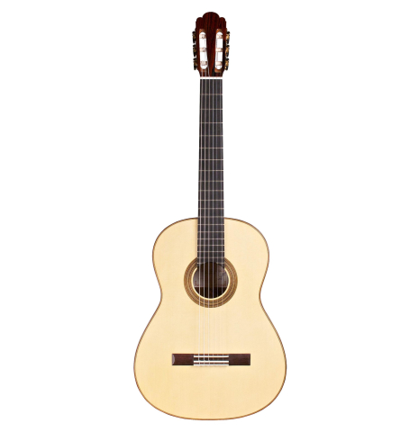 The front of a 2014 Francisco Navarro Garcia "Hauser" classical guitar made with spruce and cocobolo on a white background