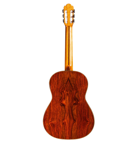 The back of a 2014 Francisco Navarro Garcia &quot;Hauser&quot; classical guitar made with spruce and cocobolo on a white background