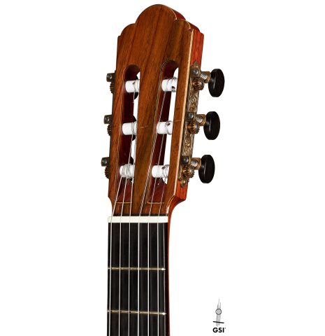 The headstock of a 1993 Abel Garcia classical guitar made of spruce and CSA rosewood