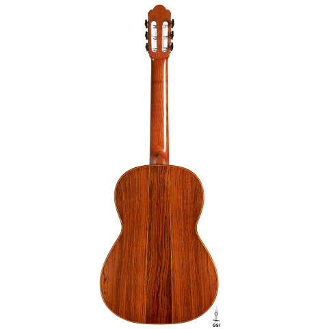 The back of a 1993 Abel Garcia classical guitar made of spruce and CSA rosewood