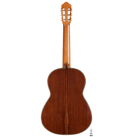 The back of a 2024 Dario Garcia classical guitar made of cedar and African rosewood
