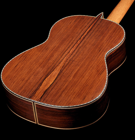 The back and sides of a 2024 Dario Garcia classical guitar made of cedar and African rosewood