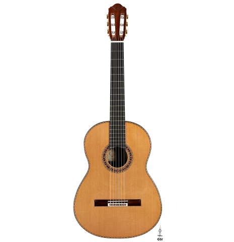 The front of a 2024 Dario Garcia classical guitar made of cedar and African rosewood