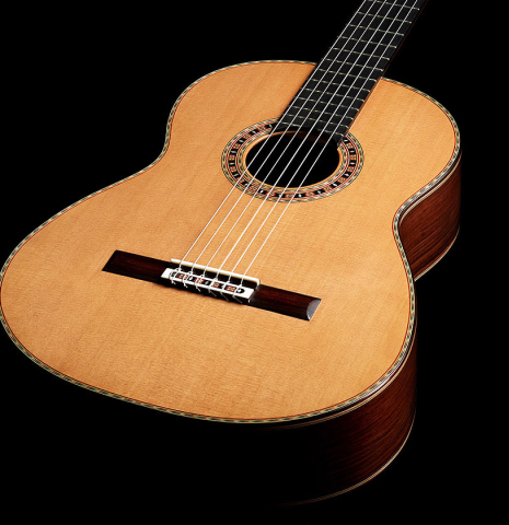 The soundboard of a 2024 Dario Garcia classical guitar made of cedar and African rosewood
