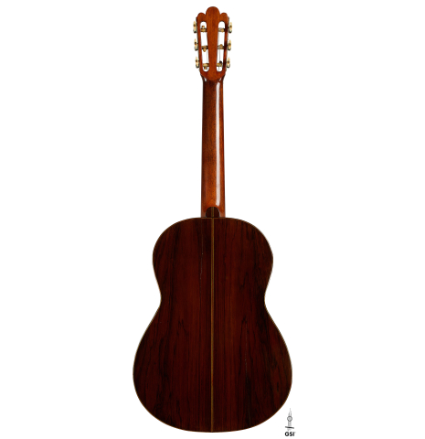 The back of a 1918 Enrique Garcia classical guitar made of spruce and CSA rosewood
