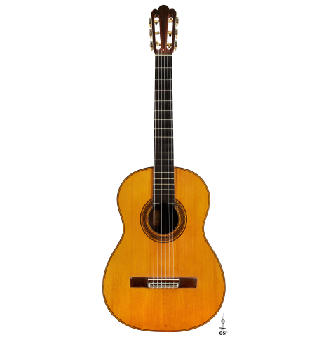 The front of a 1918 Enrique Garcia classical guitar made of spruce and CSA rosewood