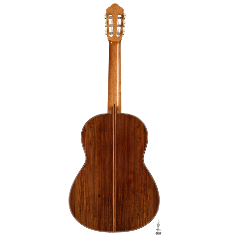The back of a 2025 Darío García classical guitar made of sitka spruce and Indian rosewood