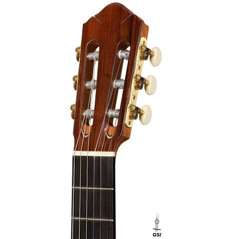 The headstock of a 2025 Darío García classical guitar made of sitka spruce and Indian rosewood