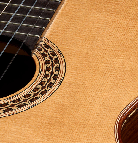 The soundboard and rosette detail of a 2025 Darío García classical guitar made of sitka spruce and Indian rosewood