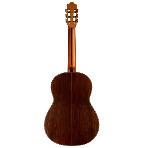 The back of a 2024 Francisco Navarro Garcia "Rodriguez" classical guitar made of cedar and Indian rosewood