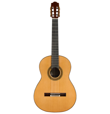 The front of a 2024 Francisco Navarro Garcia "Rodriguez" classical guitar made of cedar and Indian rosewood