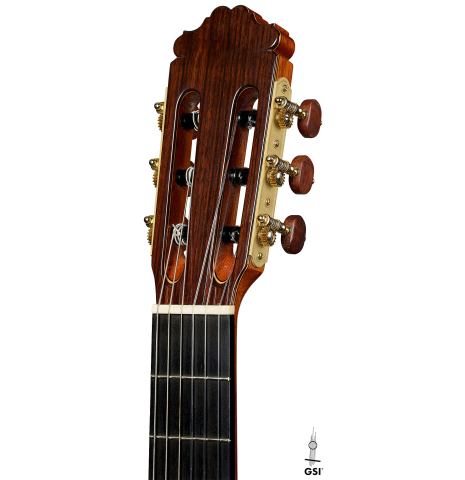 The headstock of a 2024 Francisco Navarro Garcia "Rodriguez" classical guitar made of cedar and Indian rosewood
