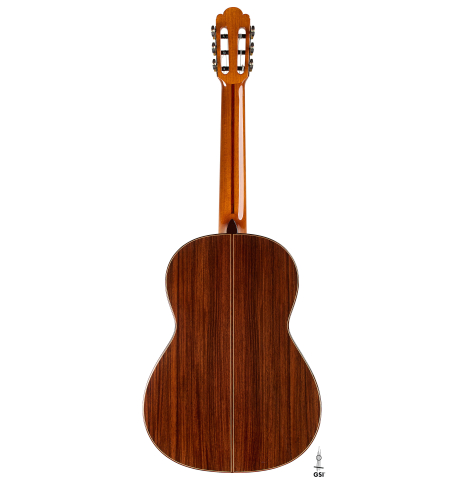 The back of a 2023 Francisco Navarro Garcia classical guitar made of spruce and Indian rosewood
