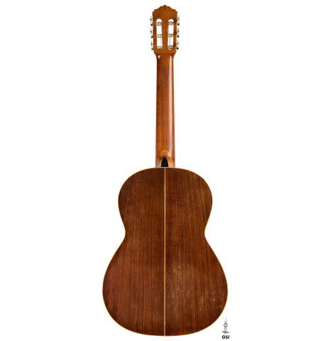 The back of a 1993 Abel Garcia (supervised by Jose Romanillos) "1912 Manuel Ramirez ex Segovia" classical guitar made of spruce and Indian rosewood