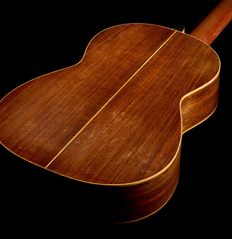 The back and sides of a 1993 Abel Garcia (supervised by Jose Romanillos) "1912 Manuel Ramirez ex Segovia" classical guitar made of spruce and Indian rosewood