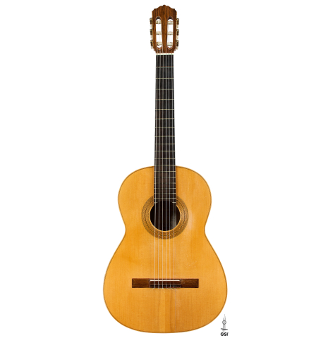 The front of a 1993 Abel Garcia (supervised by Jose Romanillos) "1912 Manuel Ramirez ex Segovia" classical guitar made of spruce and Indian rosewood