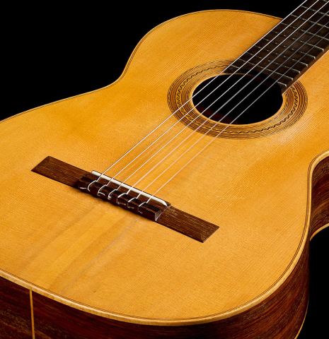 The soundboard of a 1993 Abel Garcia (supervised by Jose Romanillos) "1912 Manuel Ramirez ex Segovia" classical guitar made of spruce and Indian rosewood