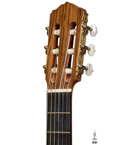 The headstock of a 1993 Abel Garcia (supervised by Jose Romanillos) "1912 Manuel Ramirez ex Segovia" classical guitar made of spruce and Indian rosewood