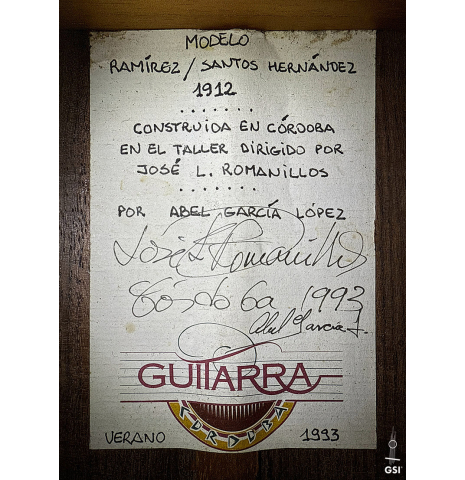 The label of a 1993 Abel Garcia (supervised by Jose Romanillos) "1912 Manuel Ramirez ex Segovia" classical guitar made of spruce and Indian rosewood