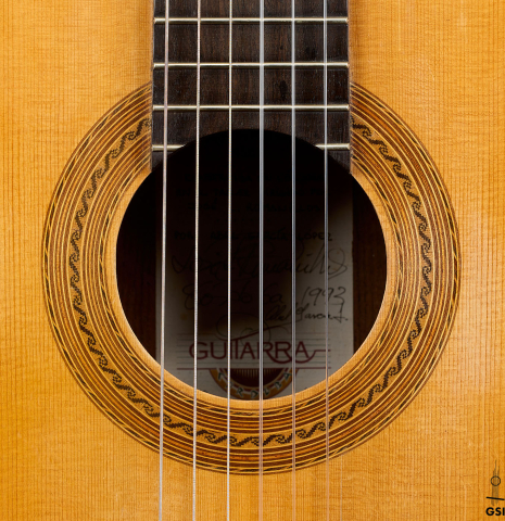 The rosette of a 1993 Abel Garcia (supervised by Jose Romanillos) "1912 Manuel Ramirez ex Segovia" classical guitar made of spruce and Indian rosewood
