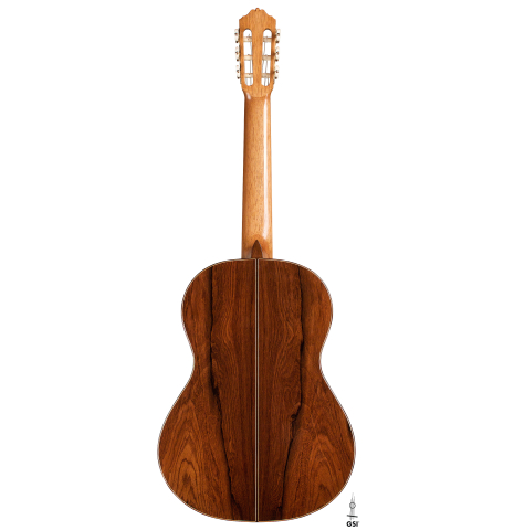 The back of a 2021 Pavel Gavryushov classical guitar made of cedar and African rosewood