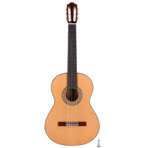 The front of a 2021 Pavel Gavryushov classical guitar made of cedar and African rosewood