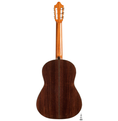 The back of a 2022 Michel Belair &quot;Hommage a Daniel Friederich&quot; classical guitar made of cedar and Indian rosewood