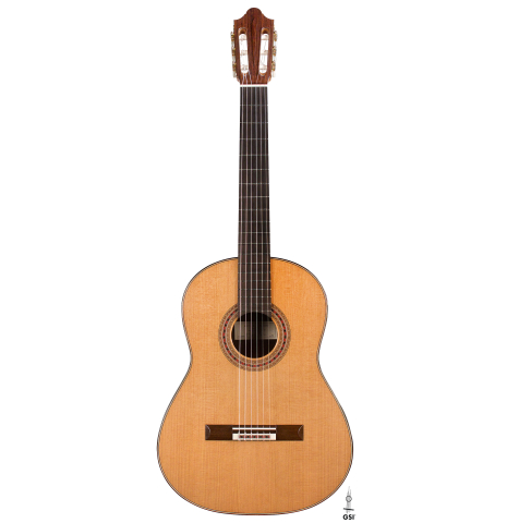 The front of a 2022 Michel Belair &quot;Hommage a Daniel Friederich&quot; classical guitar made of cedar and Indian rosewood