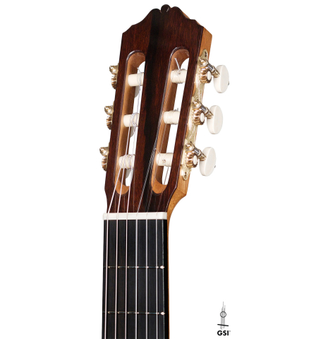 The headstock of a 2021 Pavel Gavryushov classical guitar made of cedar and African rosewood