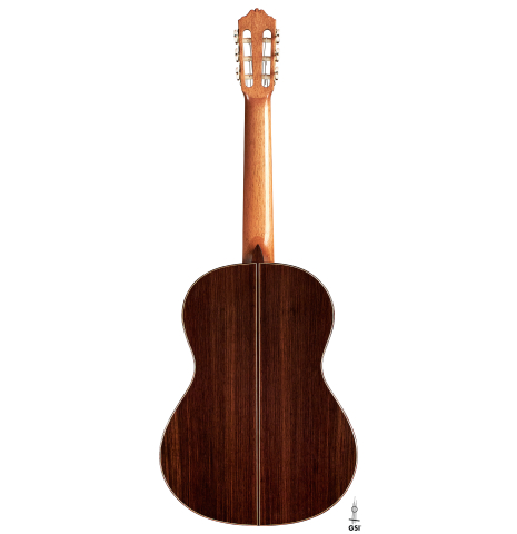 The back of a 2023 Pavel Gavryushov classical guitar made of spruce and Indian rosewood