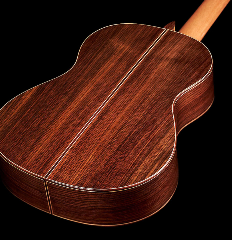 The back and sides of a 2023 Pavel Gavryushov classical guitar made of spruce and Indian rosewood
