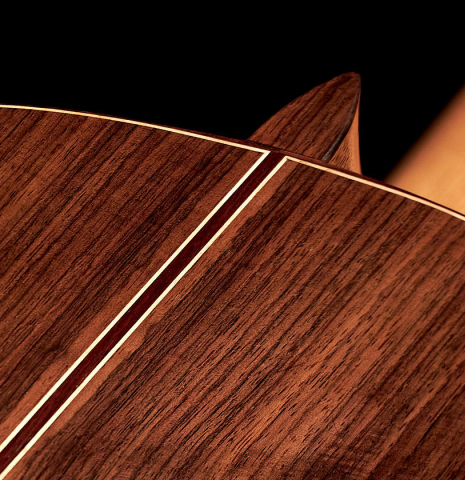 The back and heel of a 2023 Pavel Gavryushov classical guitar made of spruce and Indian rosewood