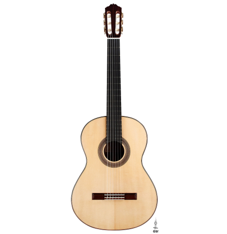 The front of a 2023 Pavel Gavryushov classical guitar made of spruce and Indian rosewood