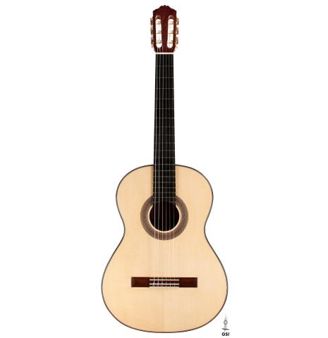 The front of a 2023 Pavel Gavryushov classical guitar made of spruce and African rosewood