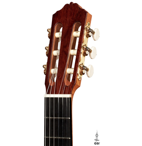 The headstock of a 2023 Pavel Gavryushov classical guitar made of spruce and African rosewood
