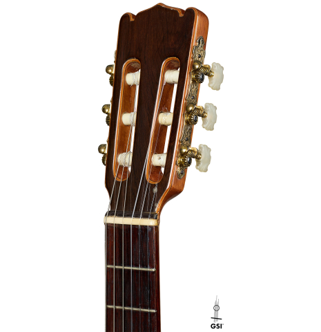 The headstock of a 1972 Giannini AW-80 classical guitar made of spruce and CSA rosewood