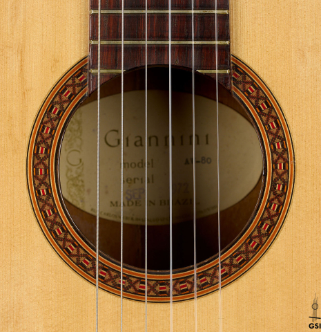 The rosette of a 1972 Giannini AW-80 classical guitar made of spruce and CSA rosewood