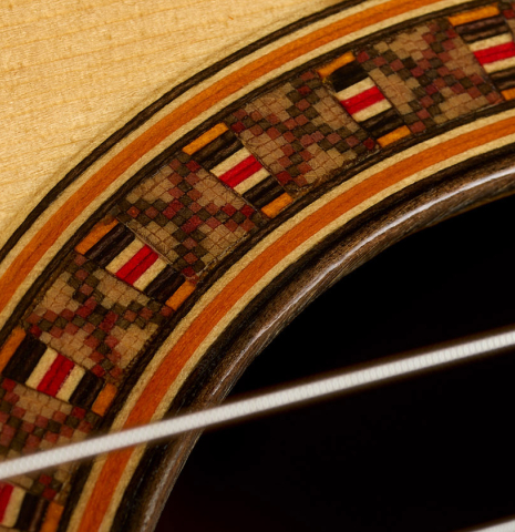 Detailed closeup of the rosette of a 1972 Giannini AW-80 classical guitar made of spruce and CSA rosewood