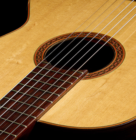 The soundboard of a 1972 Giannini AW-80 classical guitar made of spruce and CSA rosewood