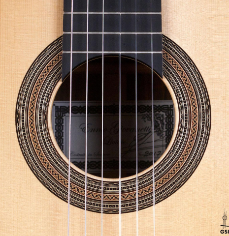 The rosette of a 2017 Ennio Giovanetti classical guitar made with spruce top and CSA rosewood back and sides