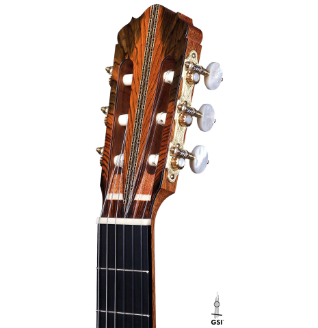 The headstock of a 2017 Ennio Giovanetti classical guitar made with spruce top and CSA rosewood back and sides