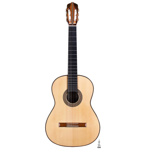 The front of a 2017 Ennio Giovanetti classical guitar made with spruce top and CSA rosewood back and sides